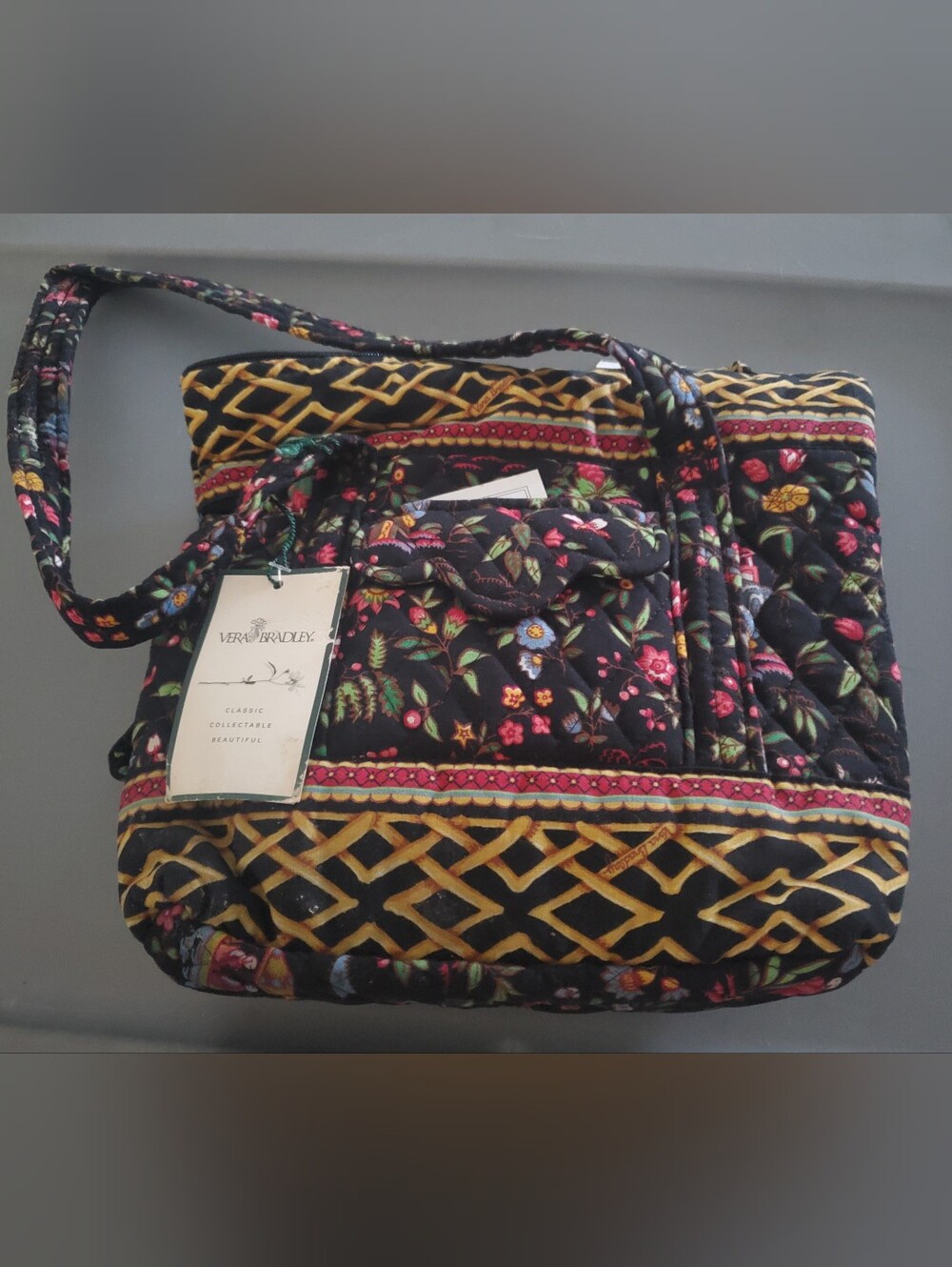 Vera Bradley Black Quilted Floral Tote with Yellow Trim & Matching Cosmetic Bag